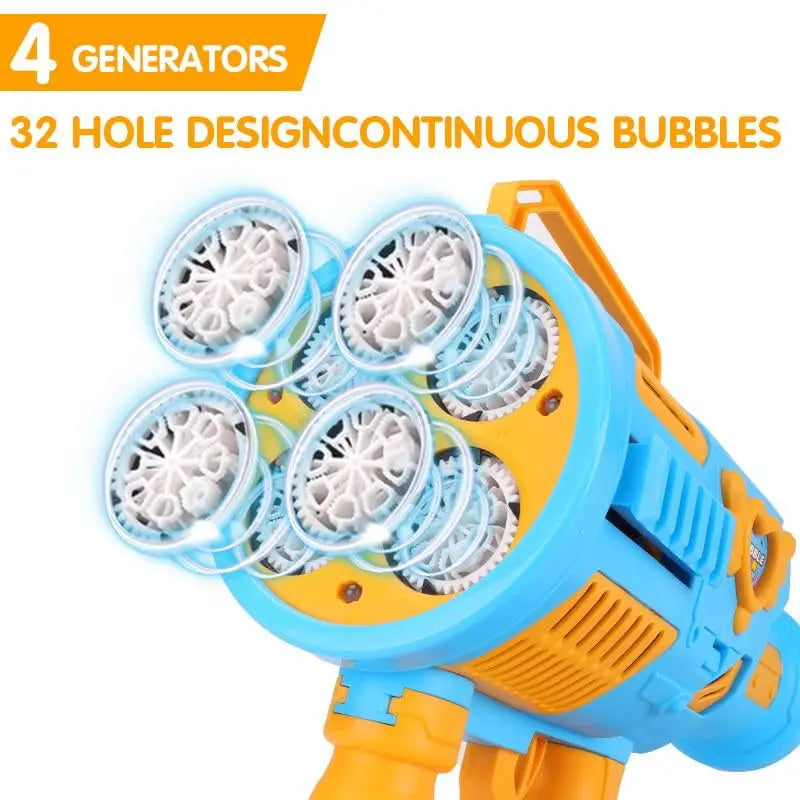 A close-up view of a blue and yellow rechargeable bubble blaster with multiple nozzles and lights.