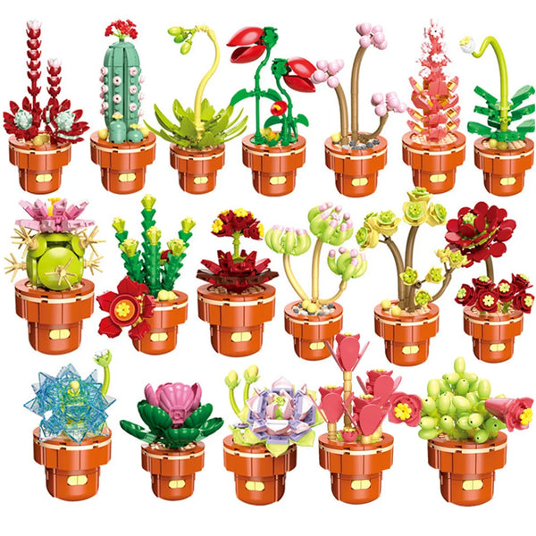 A collection of colorful succulent and plant-themed building blocks in various shapes and sizes.
