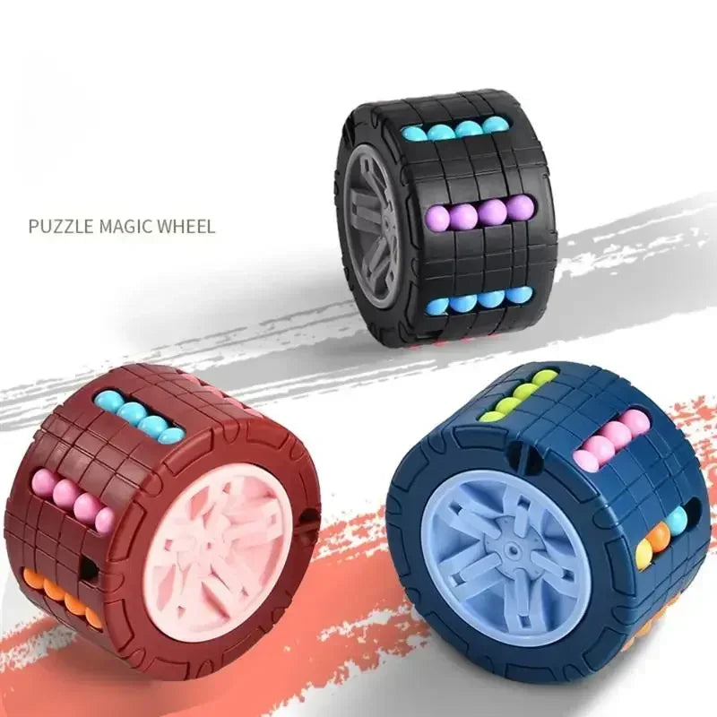 A set of three 3D rotating slide puzzle cubes for kids in various colors and designs.