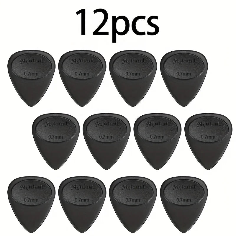 A set of twelve black guitar picks with anti-slip grips, each measuring 0.7mm.