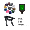 Black set guitar accessory kit including a tuner, capo, case, and ten picks