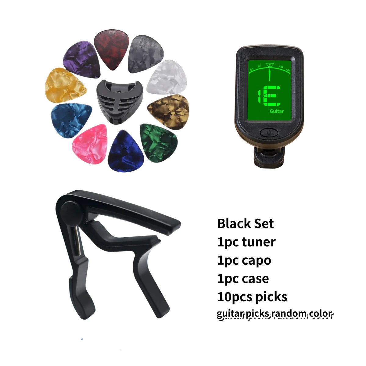 Black set guitar accessory kit including a tuner, capo, case, and ten picks