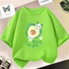 A bright lime green t-shirt featuring a cute avocado graphic with the text Ava Cado.