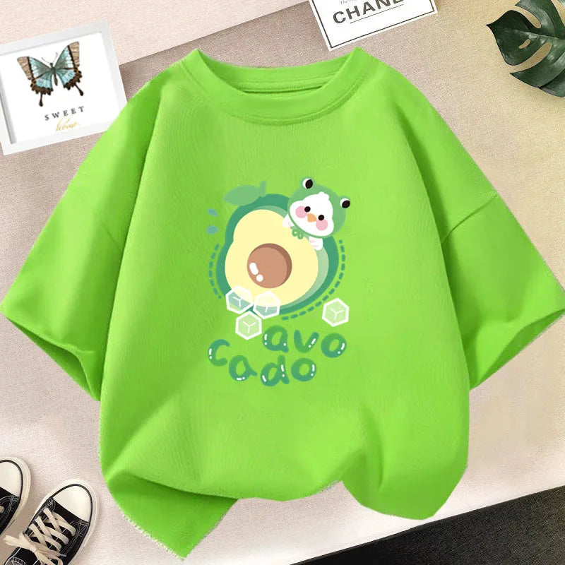 A bright lime green t-shirt featuring a cute avocado graphic with the text Ava Cado.