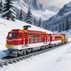 A red and white vintage steam passenger train building blocks set running on a snowy mountain landscape.