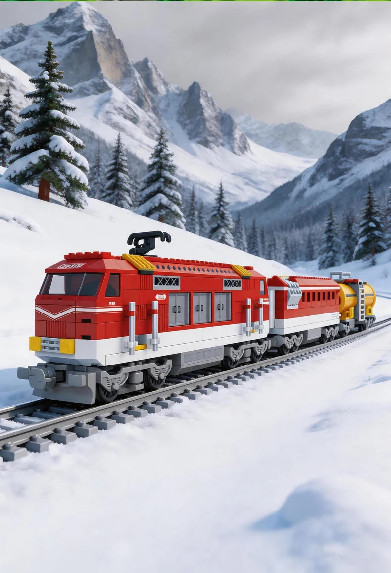 A red and white vintage steam passenger train building blocks set running on a snowy mountain landscape.