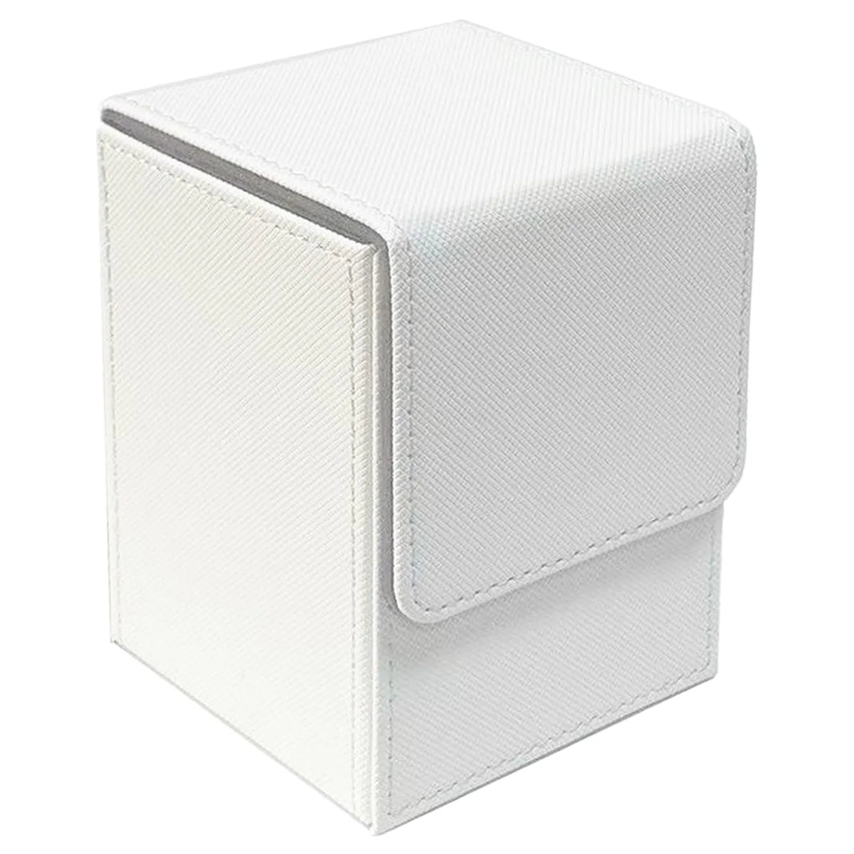 A white premium leather deck box with a hinged lid, designed to hold trading cards.