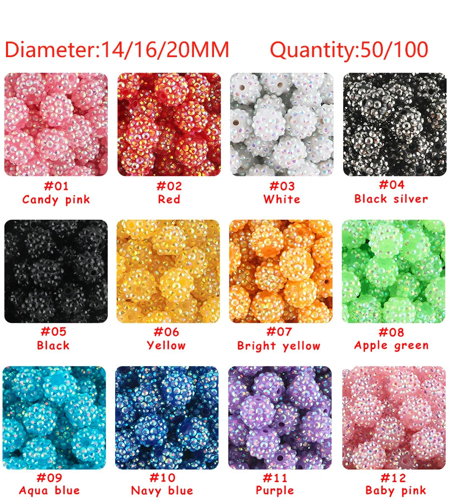 A collection of 12 colors of rhinestone resin bayberry beads for jewelry making, including pink, red, white, black, yellow, o