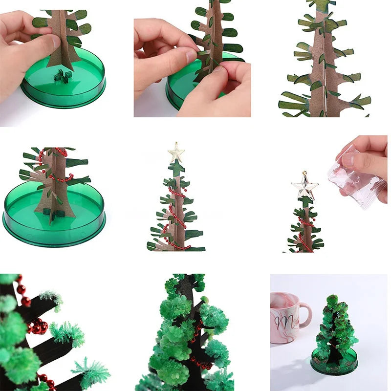 A crystal growing tree science kit showing a miniature tree with blooming red crystals on a green base.