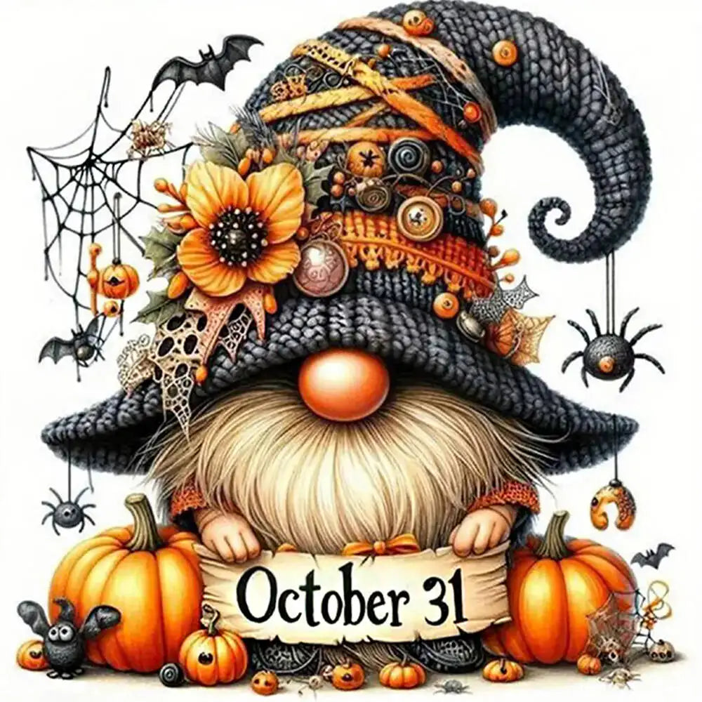 A Halloween-themed diamond painting kit featuring a witch's hat adorned with spiders, pumpkins, and dark elements.