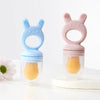 A set of pink and blue silicone fruit food feeders with silicone molds for baby or toddler use.