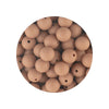 A circular arrangement of 50 silicone beads in various sizes and shades of beige and terracotta.