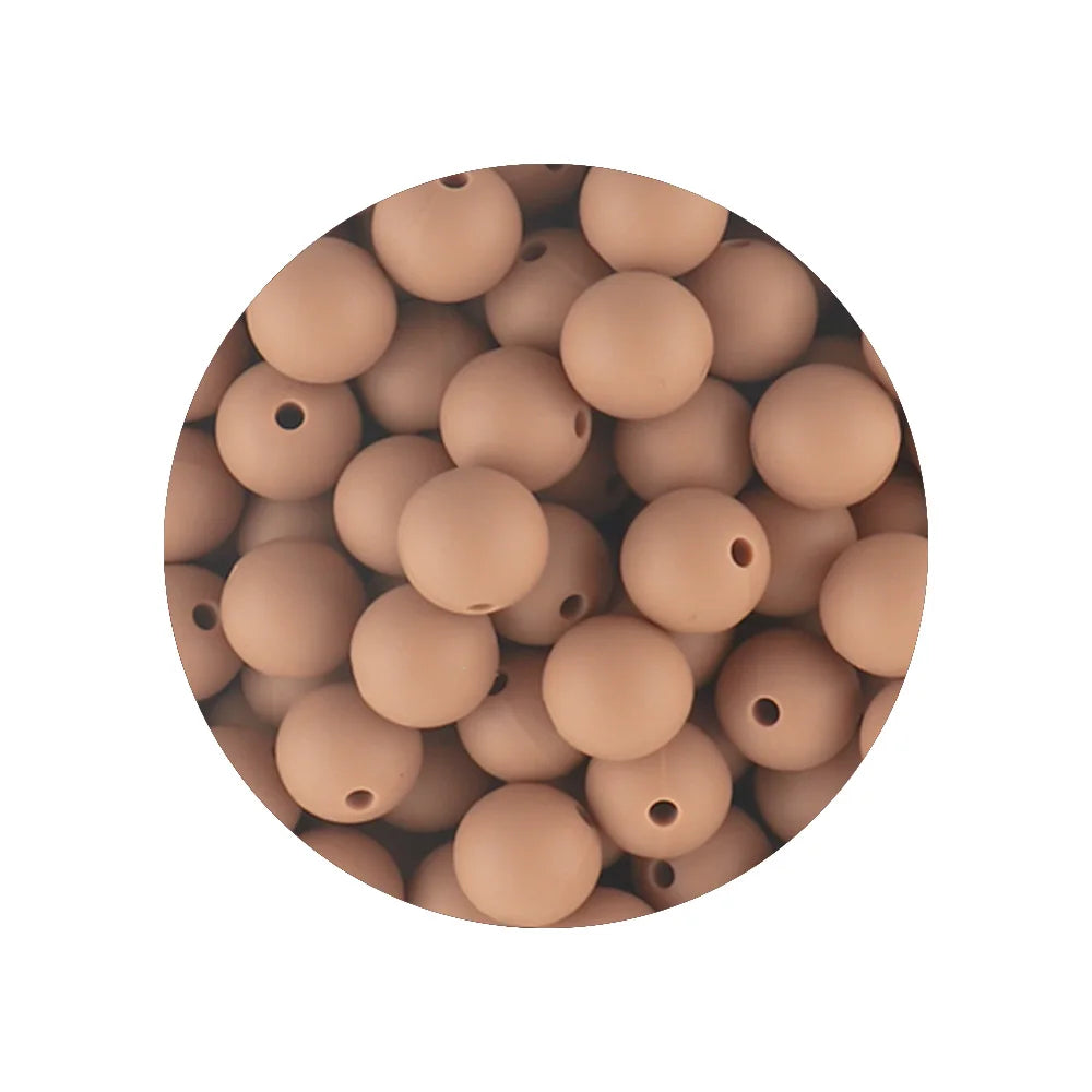 A circular arrangement of 50 silicone beads in various sizes and shades of beige and terracotta.
