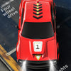 A red high-speed 4WD drift RC car is shown with various features highlighted on a dark surface.