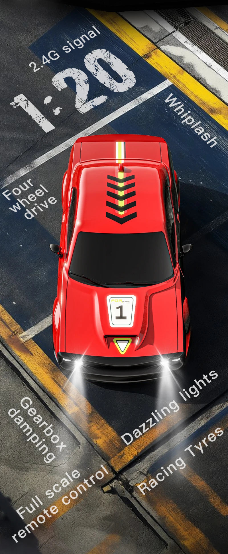 A red high-speed 4WD drift RC car is shown with various features highlighted on a dark surface.