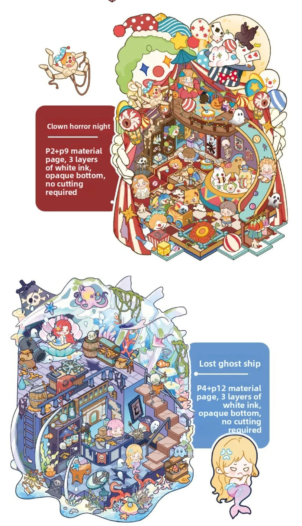 Two pages of a spooky scene sticker book featuring clowns and a ghost ship illustration