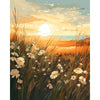 A vibrant sunset landscape featuring tall golden grasses and wildflowers with a bright sun in the sky.