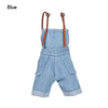 Blue mini doll overalls set with brown straps and white shirt