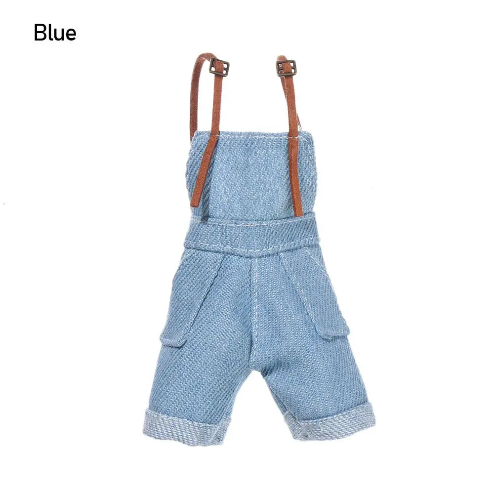 Blue mini doll overalls set with brown straps and white shirt