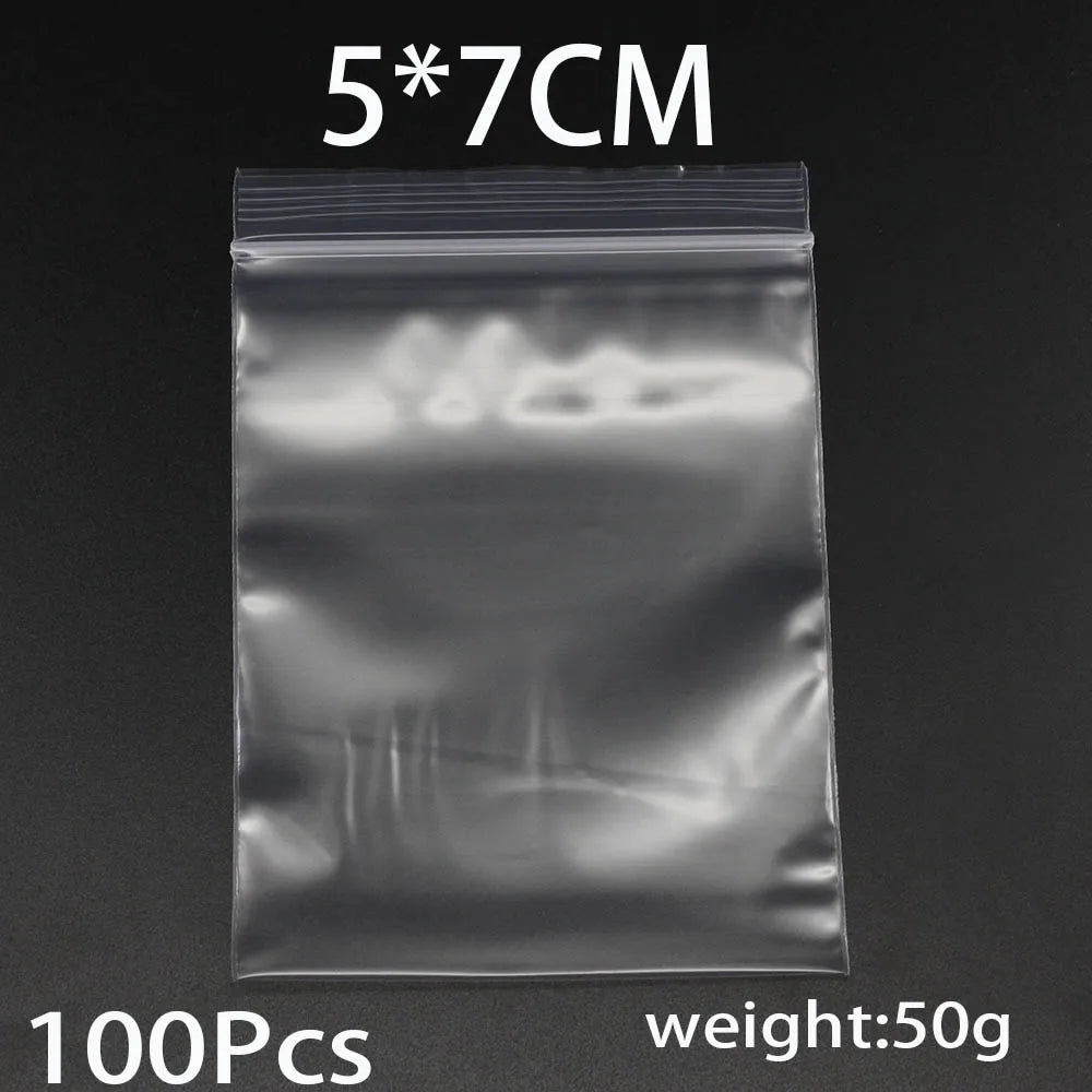 A clear resealable plastic bag containing 100 pieces of small items, with a weight of 50 grams.