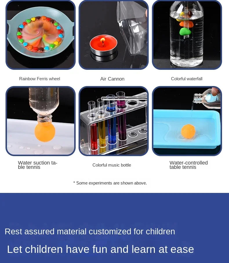 A collection of science experiment activities including a Rainbow Ferris wheel, Air Cannon, Colorful waterfall, Water suction