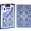 A box of blue and white playing cards featuring a king design and a decorative card.