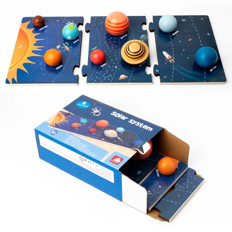 A wooden solar system puzzle board with planets and the sun, packaged in a box.
