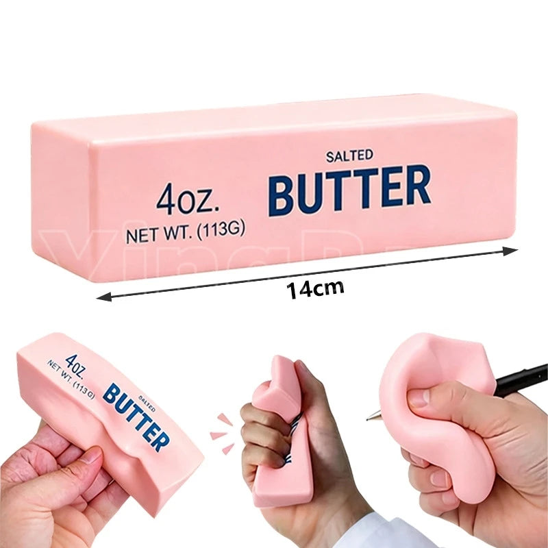 A pink butter squishy toy is shown in various forms, including a rectangular block and a finger-shaped item.