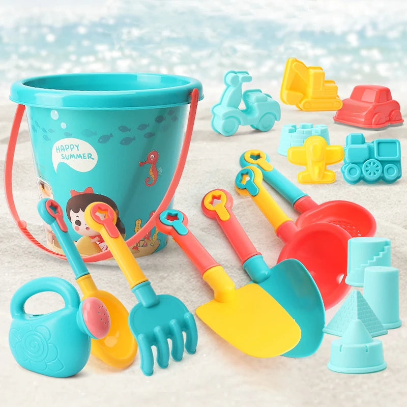 A kids beach sand play set featuring a blue bucket and various yellow, orange, and blue plastic shovels and tools.