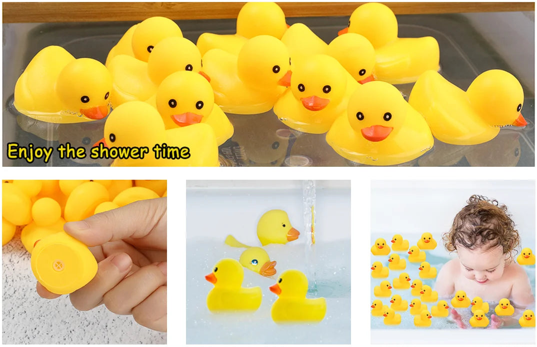 A set of yellow rubber ducks floating in water and a hand holding one duck.