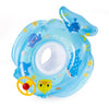 A blue inflatable baby swim ring with a seat and a yellow hand pump.