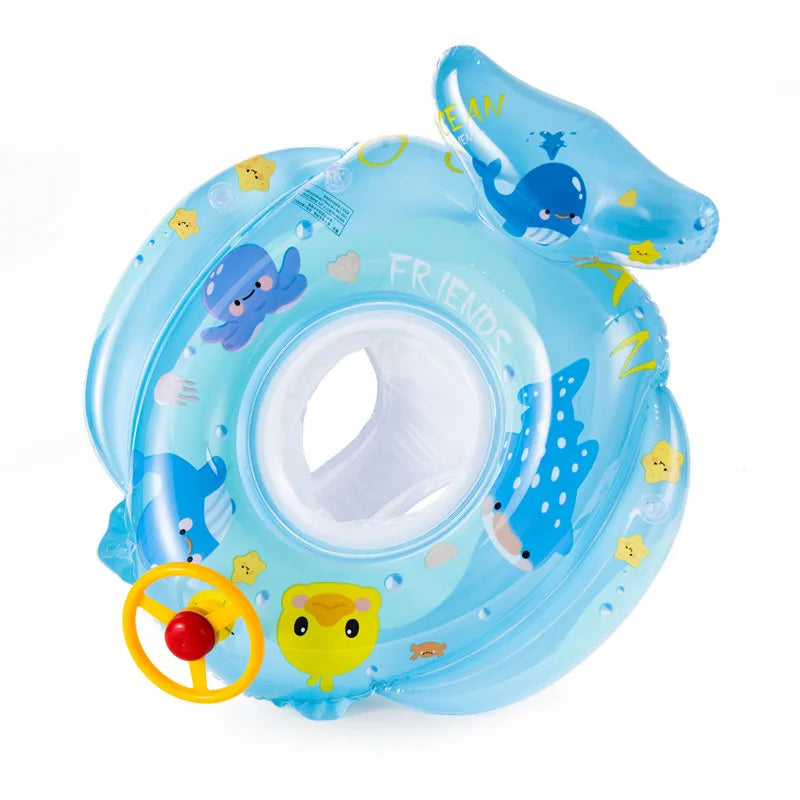 A blue inflatable baby swim ring with a seat and a yellow hand pump.