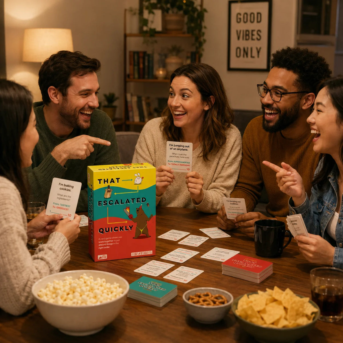 A group of people laughing around a table playing the That Escalated Quickly Party Card Game