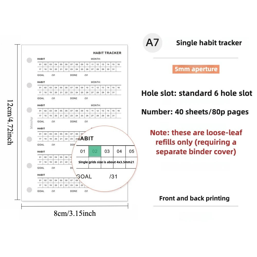 A7 single habit tracker refill pages for monthly planning with a 5mm aperture and 6 hole slots