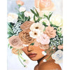 A woman with a floral crown painted in soft, warm tones of peach, cream, and green.