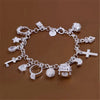 Silver Tone Crystal Charm Bracelet with Thirteen Pendants