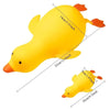 A bright yellow jumbo squishy duck fidget toy with orange feet and beak, shown from above and below.