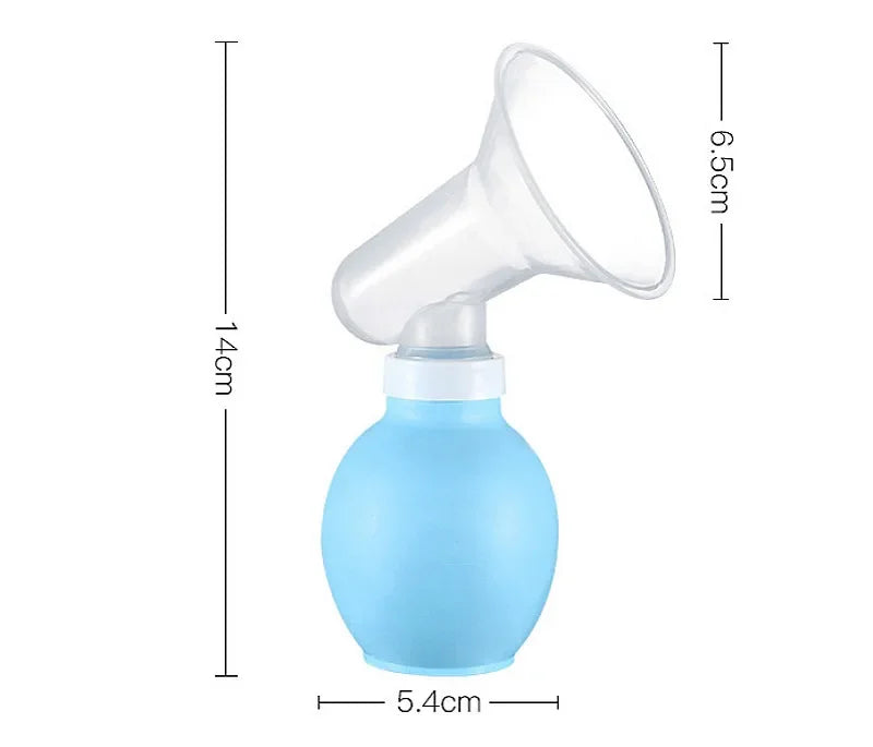 A light blue manual breast pump with a wide opening and a bottle base.