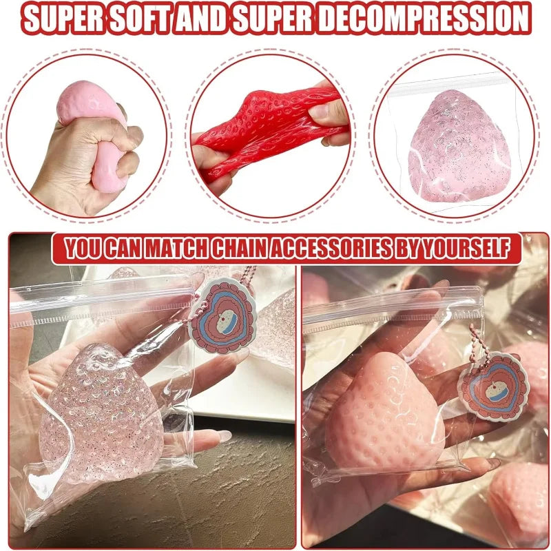 Close-up shots of soft pink squishy toys and a red squishy toy demonstrating super soft texture and decompression.
