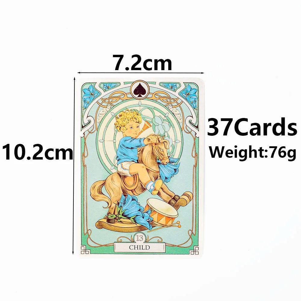 A tarot card depicting a child riding a horse, with dimensions 7.2cm by 10.2cm.