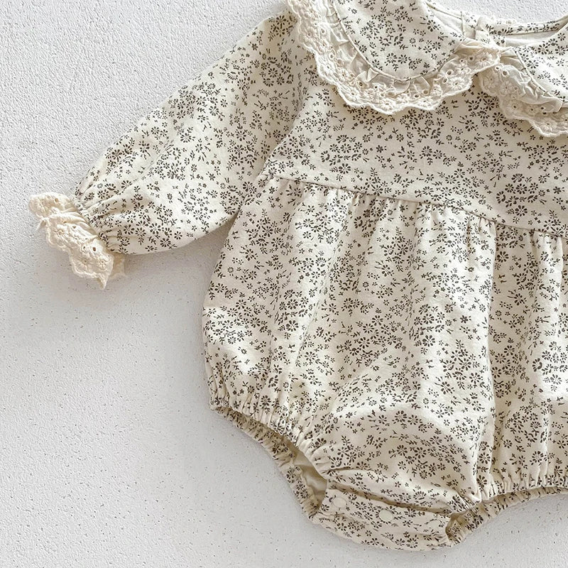 Baby Girls Lace-Trim Cotton Romper with Floral Details