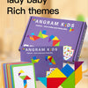 A box of Angram Kids Lady Baby Rich themes tangram puzzles and wooden shapes on a light background.