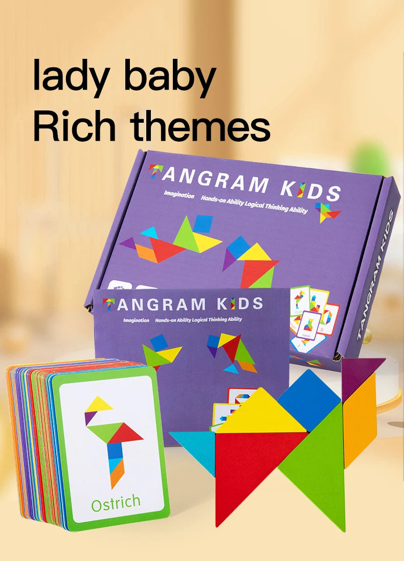 A box of Angram Kids Lady Baby Rich themes tangram puzzles and wooden shapes on a light background.