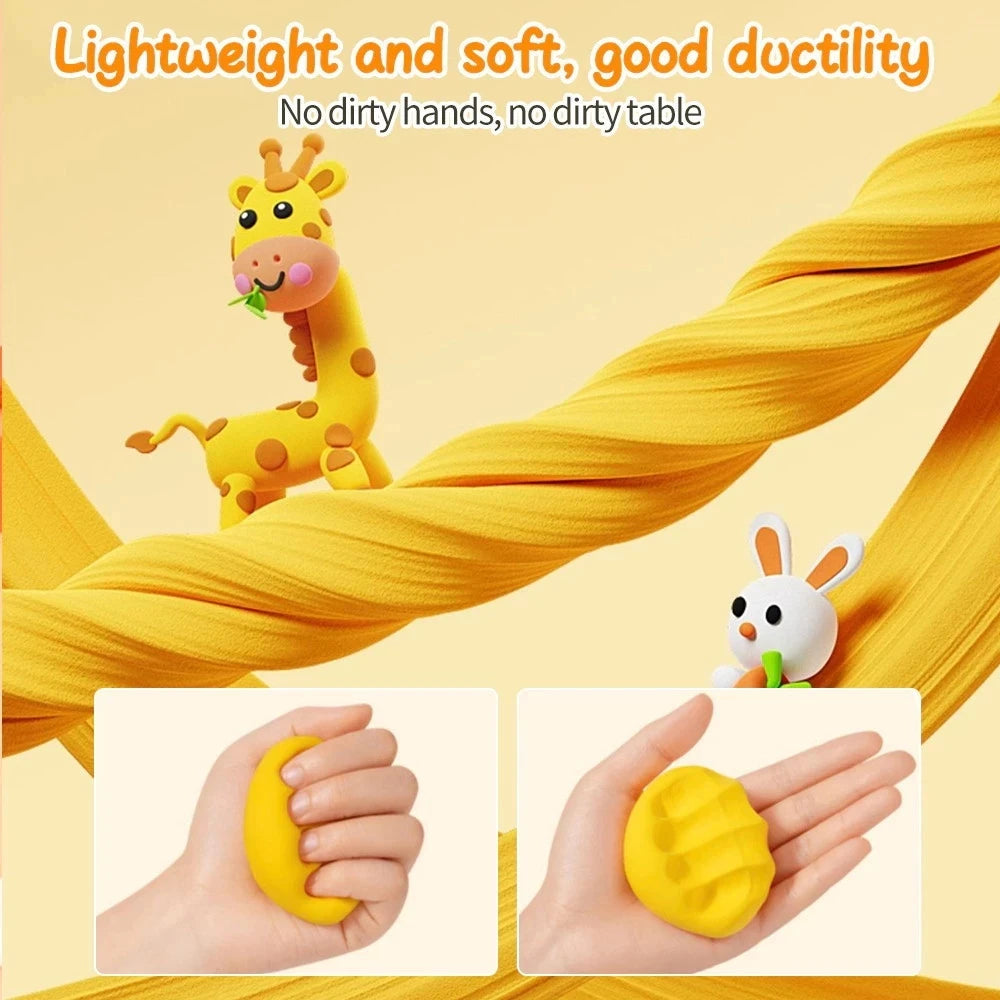 Yellow stretchy molding clay set featuring a giraffe toy and hands molding the yellow clay