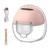 A pink hands-free wearable breast pump device with a clear silicone shield and a white charging cable.