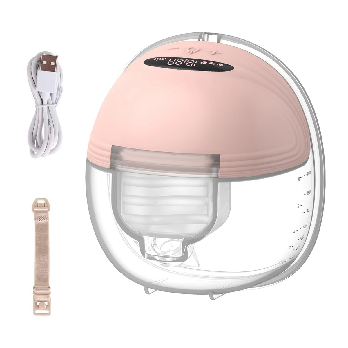 A pink hands-free wearable breast pump device with a clear silicone shield and a white charging cable.