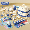 A set of 58 pretend play doctor tools and a carrying case for children's medical role-play.