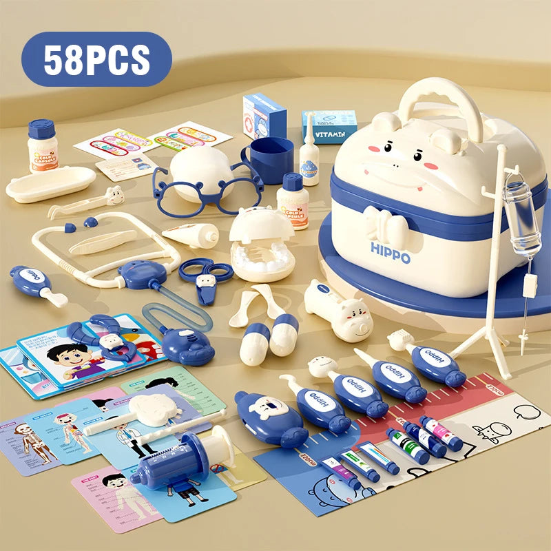 A set of 58 pretend play doctor tools and a carrying case for children's medical role-play.