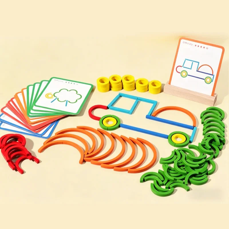A collection of wooden stick and ring puzzles for early learning, featuring various colored pieces and a puzzle board.