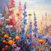A vibrant painting of a lavender flower field with pink, purple, and blue blooms under a soft sky.